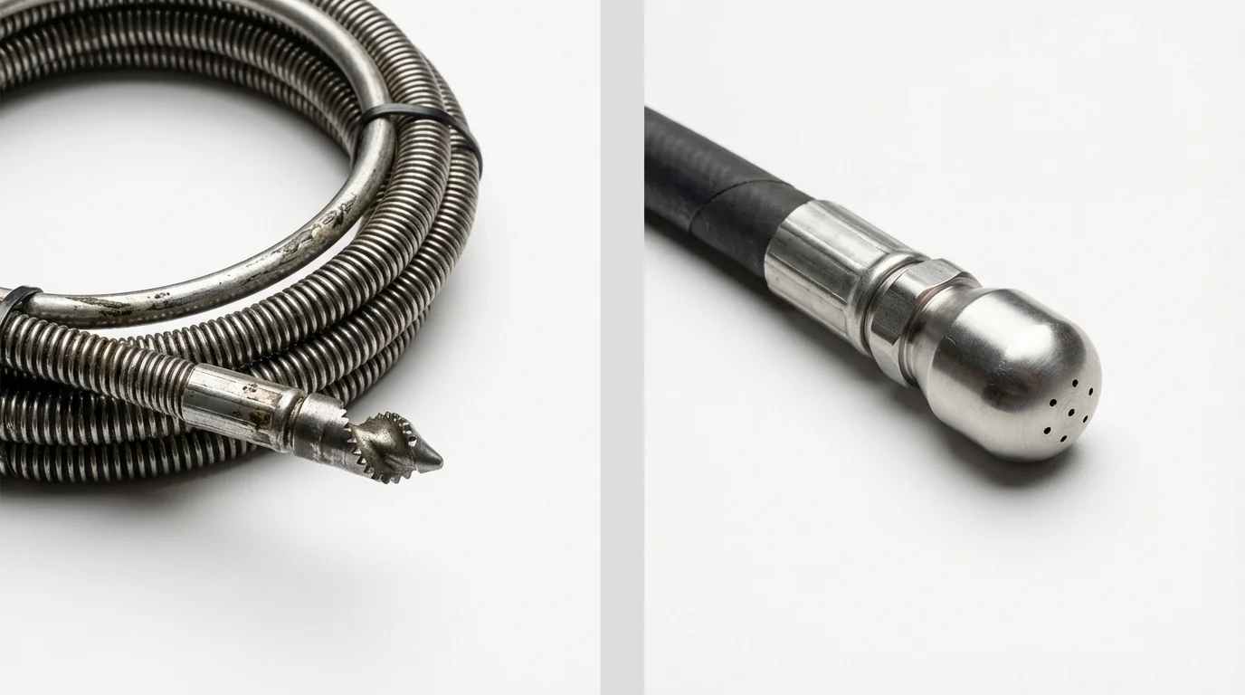 Drain snake cable and hydro jetting nozzle used for drain cleaning in Atkins, AR