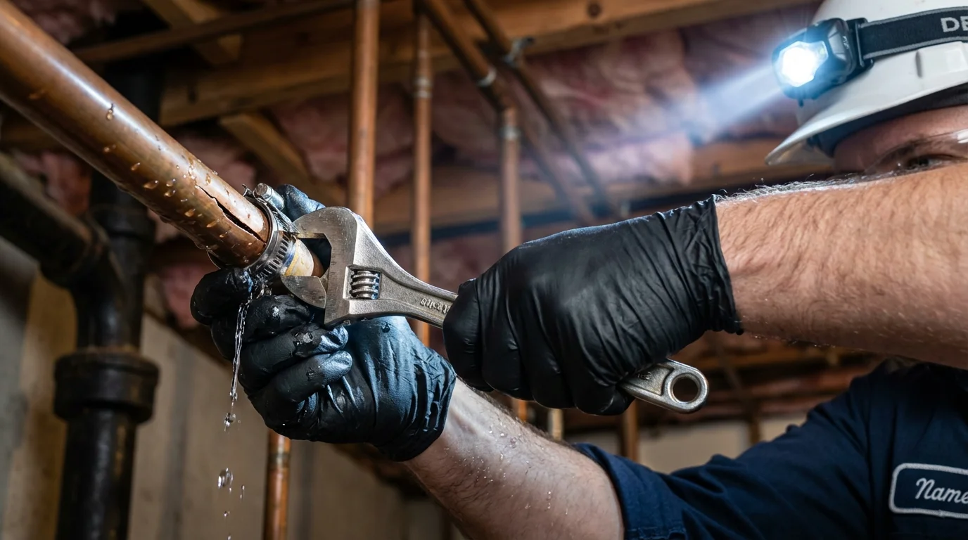 Emergency pipe clamp repair being performed by a Johns Plumbing LLC plumber in Atkins
